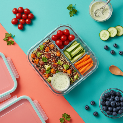 Divided glass meal prep container filled with colorful ingredients viewed from above