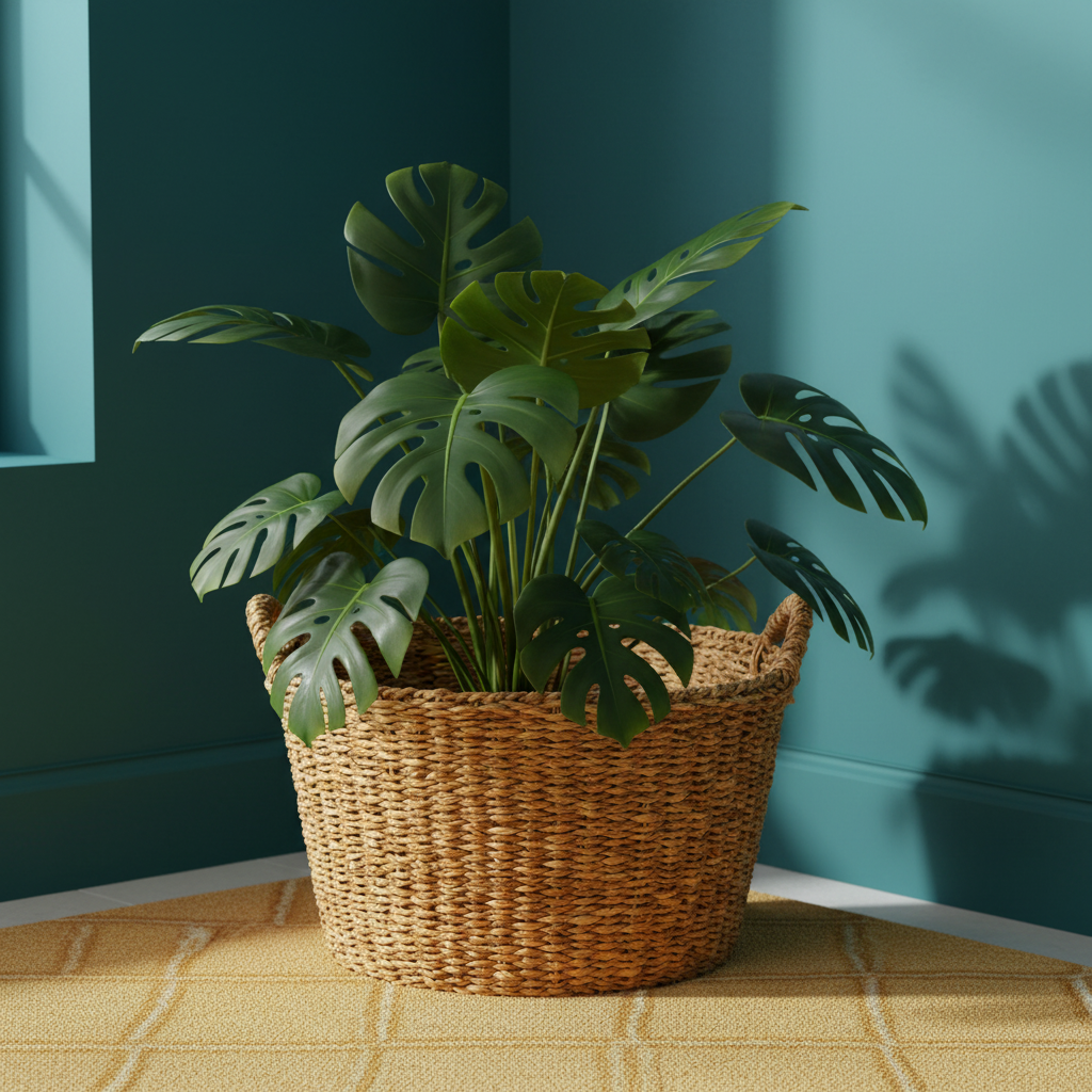 Basket used as a plant pot cover for a large monstera