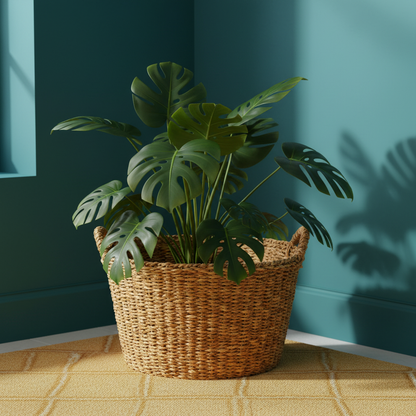 Basket used as a plant pot cover for a large monstera