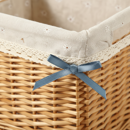 Macro of the willow weave, lace trim and ribbon tie