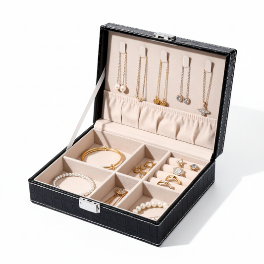 Black croc leather jewelry box open on a white background