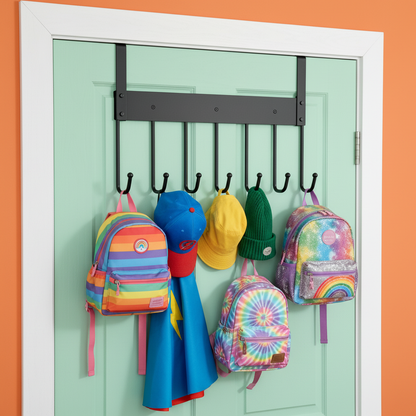 Rack in a kids room holding backpacks and caps