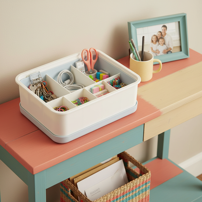 White and pale blue organizer sorting keys, chargers and small household items on a console table