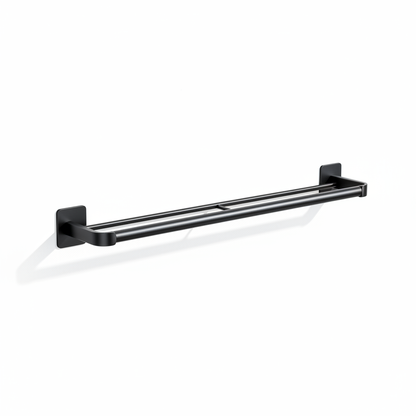 Empty black two-tier wall-mounted slipper rack on a pure white background