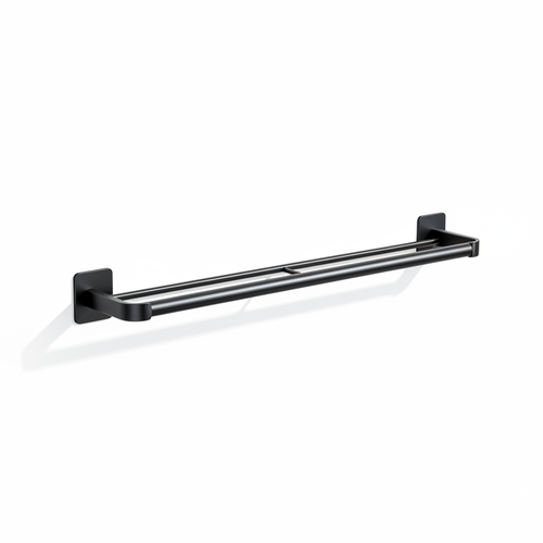 Empty black two-tier wall-mounted slipper rack on a pure white background