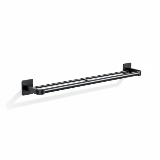 Empty black two-tier wall-mounted slipper rack on a pure white background