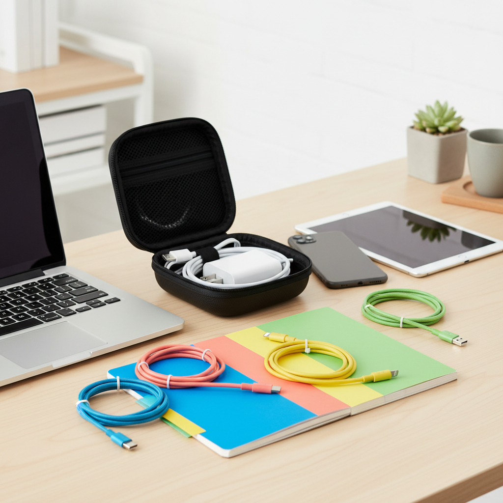 Black electronics organizer case beside a laptop and colorful office accessories