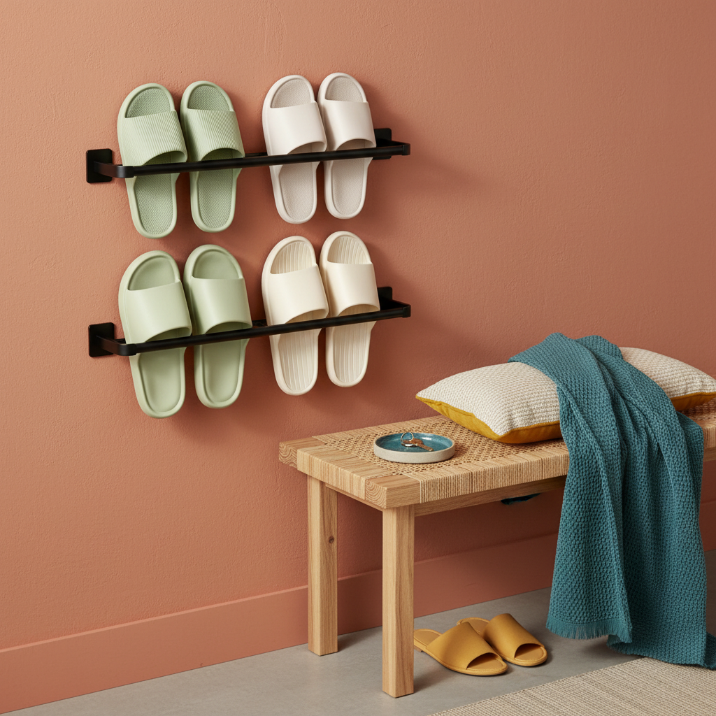 Black two-tier slipper rack holding neutral slippers beside a compact entryway bench