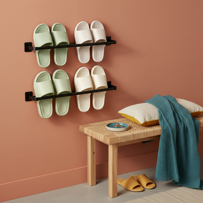 Black two-tier slipper rack holding neutral slippers beside a compact entryway bench