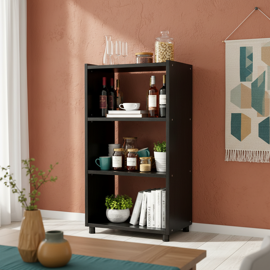 Tall black open shelf styled with wine bottles, glasses, cups and serving pieces