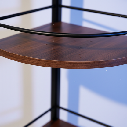 Macro of the walnut shelf edge, black frame and levelling foot