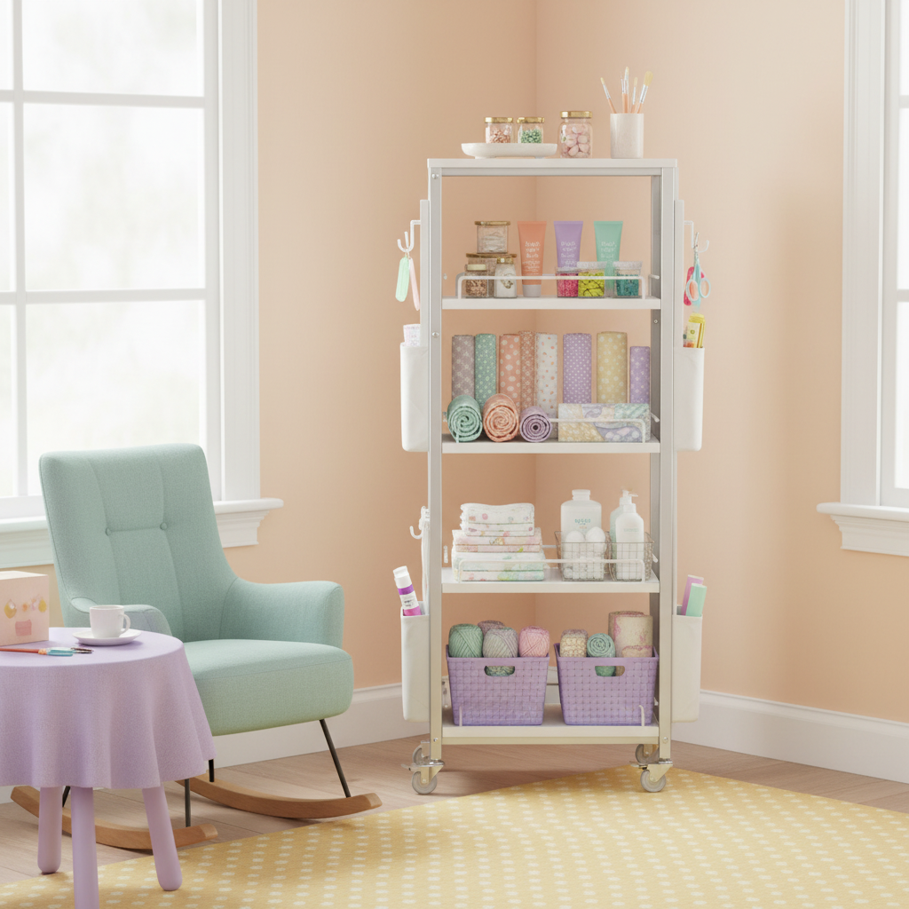 Slim white rolling cart organizing craft materials and lightweight family supplies in a pastel room