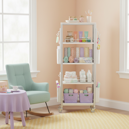 Slim white rolling cart organizing craft materials and lightweight family supplies in a pastel room