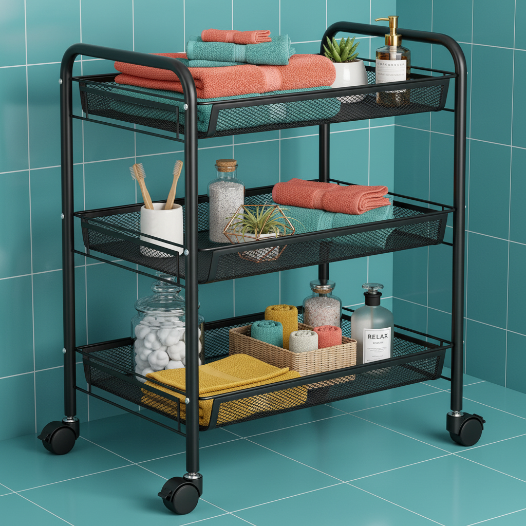 Cart styled as a bathroom trolley with colorful towels