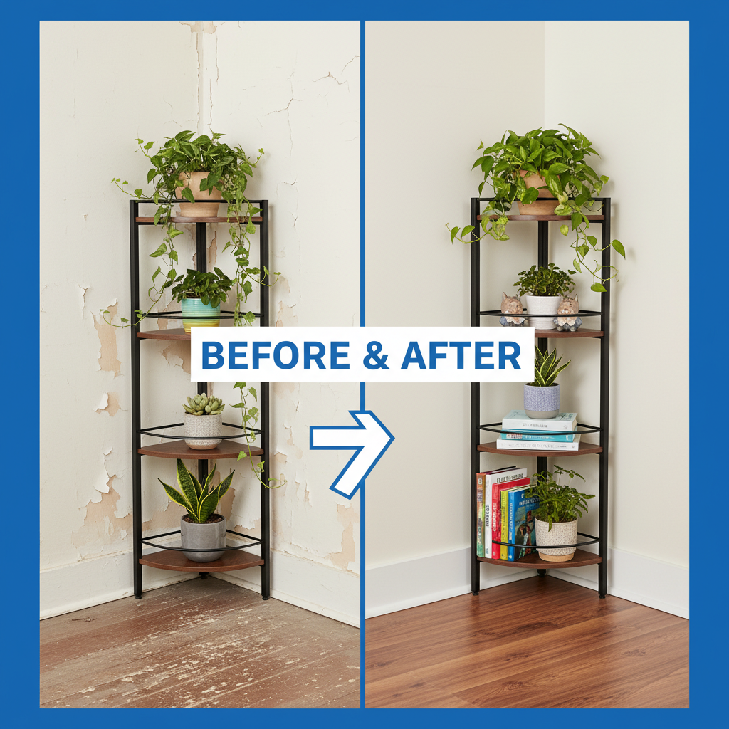 Before and after of an empty corner versus the styled shelf