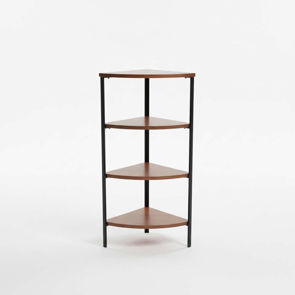 Empty four-tier corner shelf on a white background