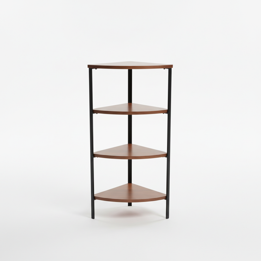 Empty four-tier corner shelf on a white background