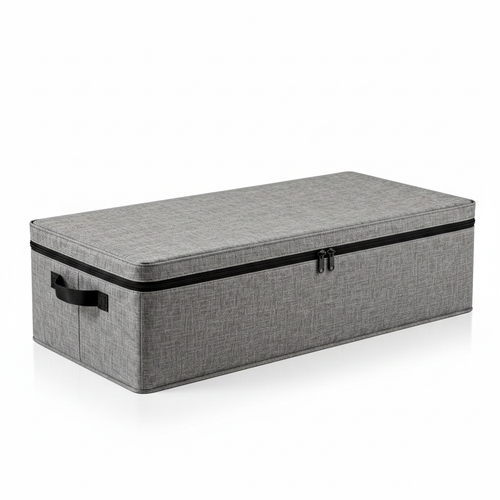 Gray fabric under-bed storage organizer with black zipper and handles on a white background
