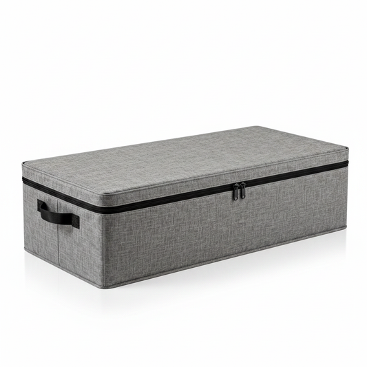 Gray fabric under-bed storage organizer with black zipper and handles on a white background