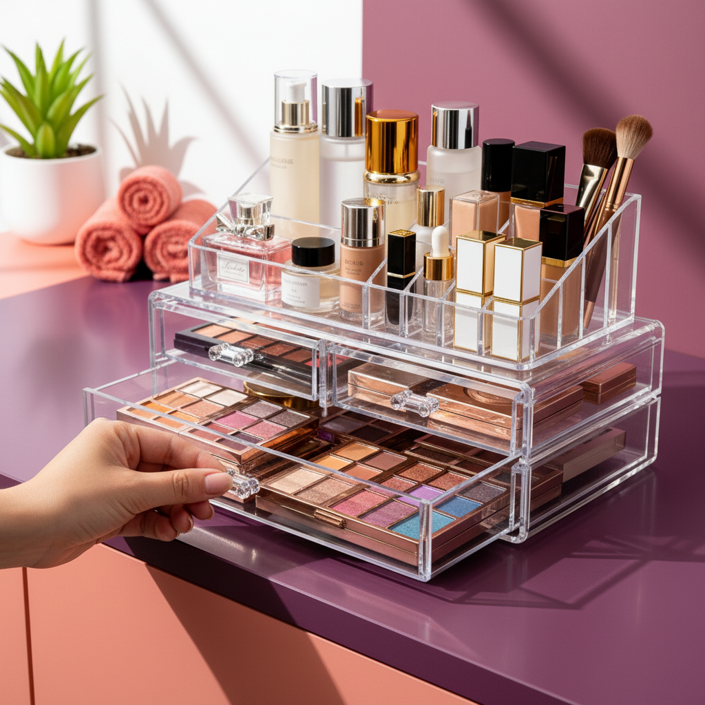 Hand pulling open a drawer to reveal eyeshadow palettes