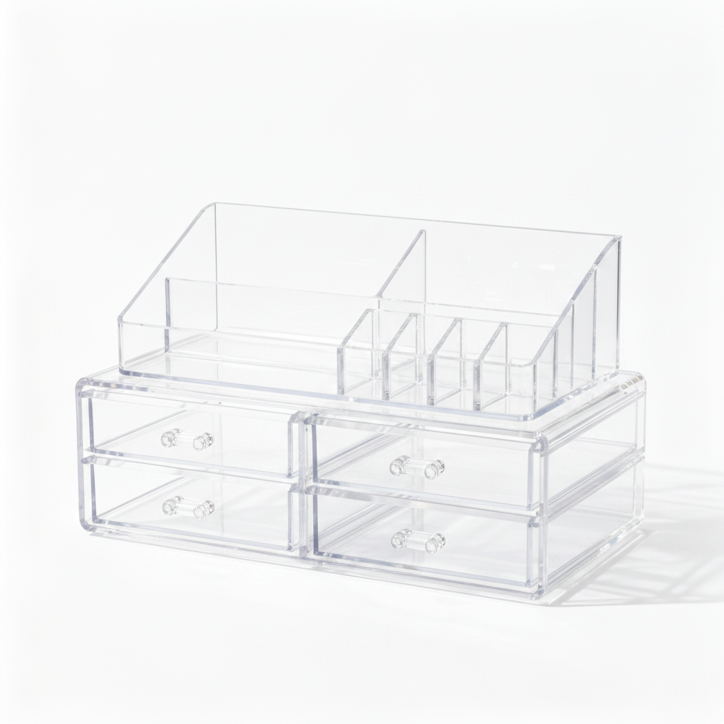 Empty clear acrylic makeup organizer on a white background