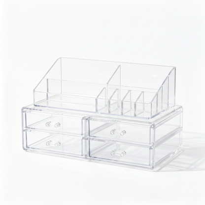Empty clear acrylic makeup organizer on a white background