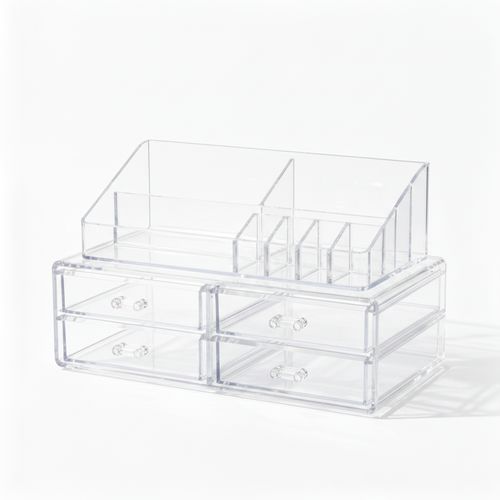 Empty clear acrylic makeup organizer on a white background