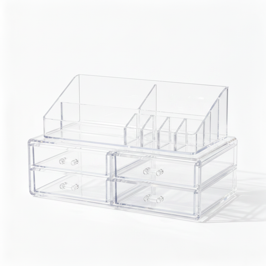 Empty clear acrylic makeup organizer on a white background