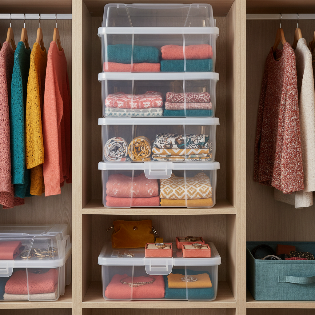 Clear lidded storage box organizing folded sweaters, scarves and accessories in a closet
