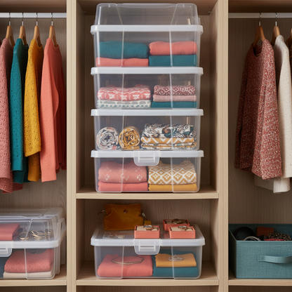 Clear lidded storage box organizing folded sweaters, scarves and accessories in a closet