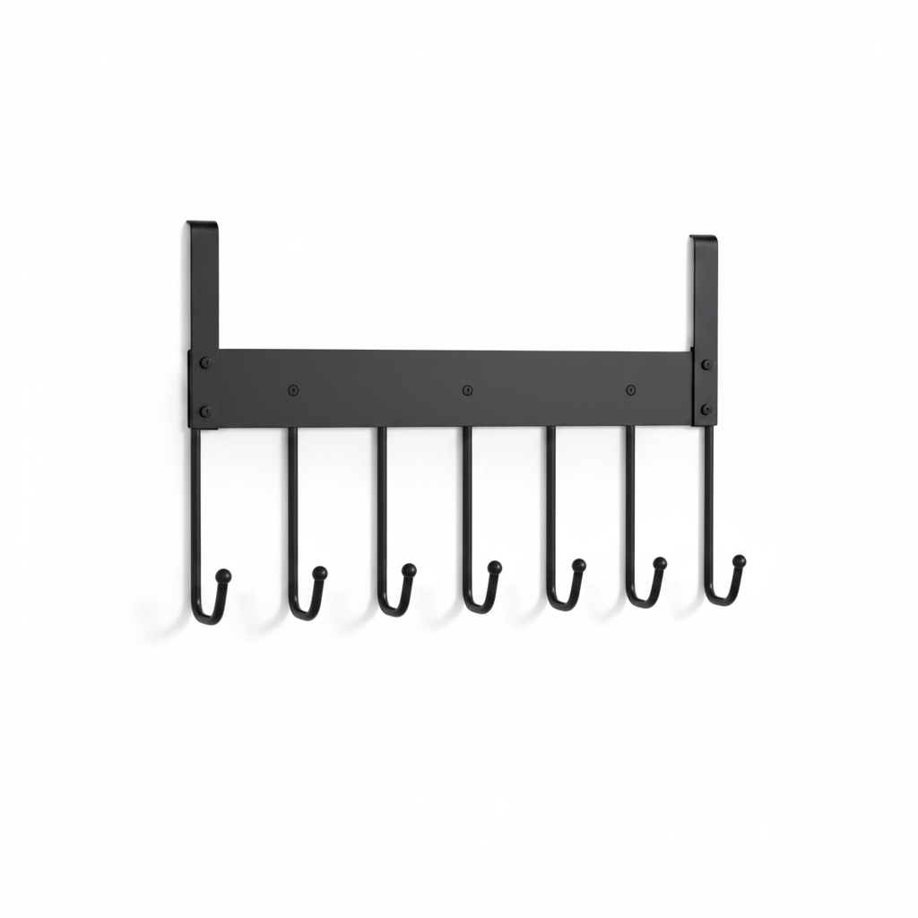 Empty black over-door hook rack on a white background
