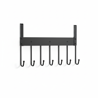 Empty black over-door hook rack on a white background