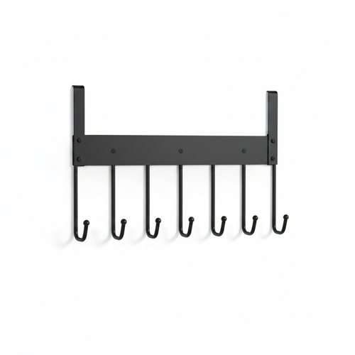 Empty black over-door hook rack on a white background
