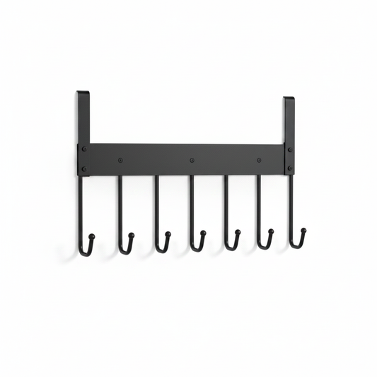 Empty black over-door hook rack on a white background