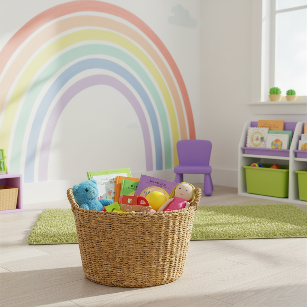 Basket holding bright toys in a colorful playroom