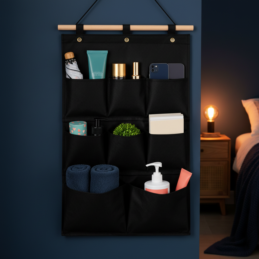 Black hanging wall organizer with daily essentials in a warm evening hallway setting