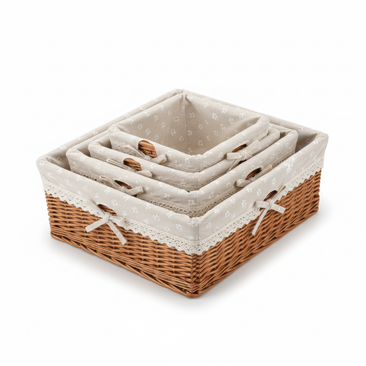 Set of three empty lined wicker baskets on a white background