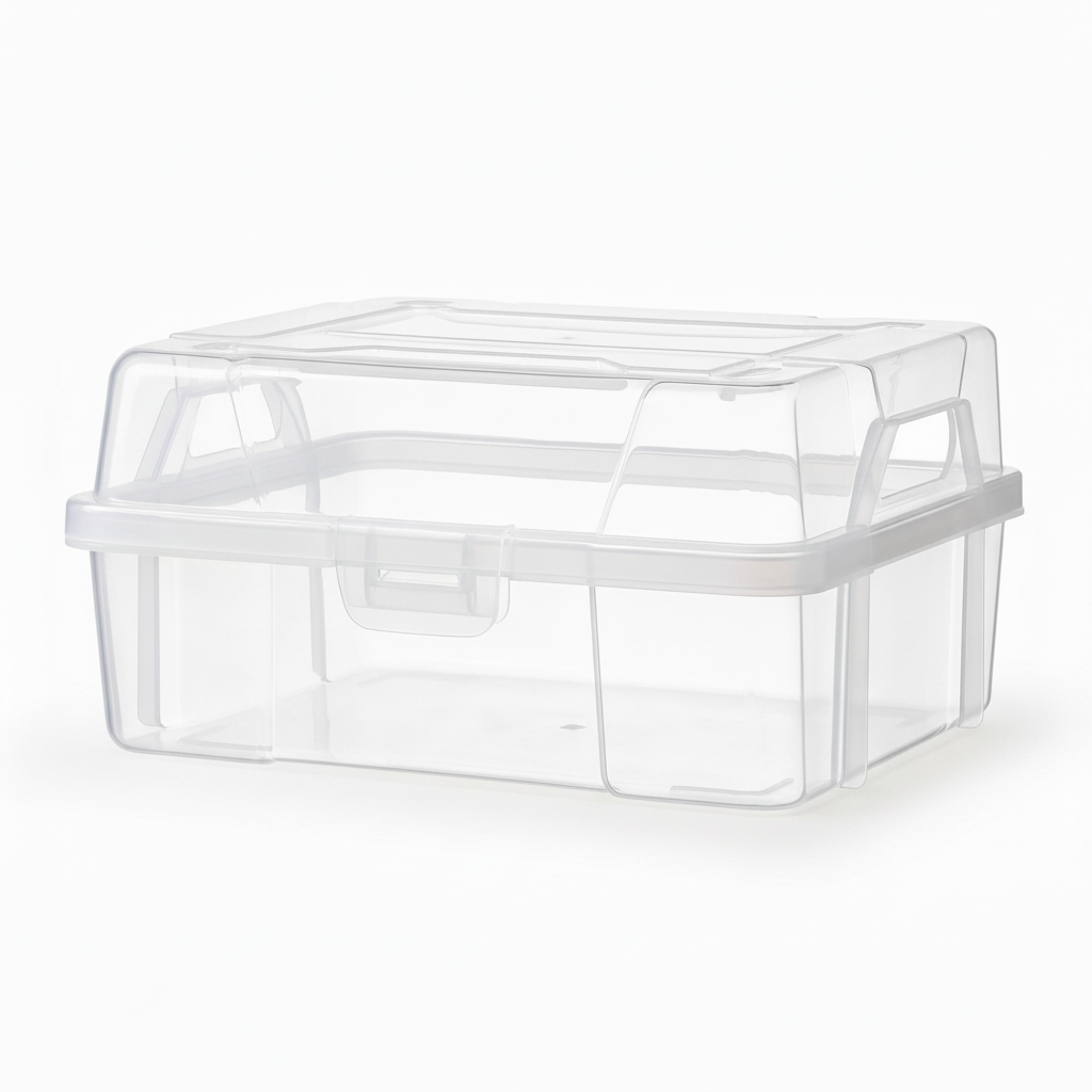 Empty clear plastic storage box with lid and front access on a pure white background