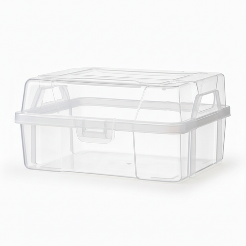 Empty clear plastic storage box with lid and front access on a pure white background