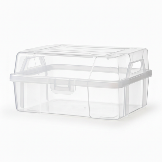 Empty clear plastic storage box with lid and front access on a pure white background
