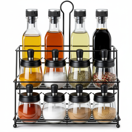 Three-tier black metal spice rack with clear glass jars and bottles on a white background
