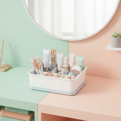 White and pale blue organizer holding skincare and hair accessories on a colorful bathroom vanity