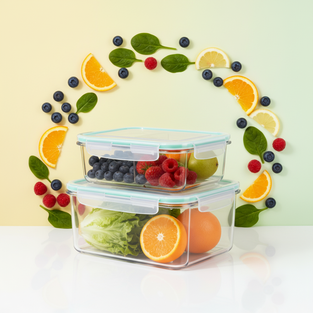 Stacked divided glass food storage containers surrounded by colorful fresh ingredients