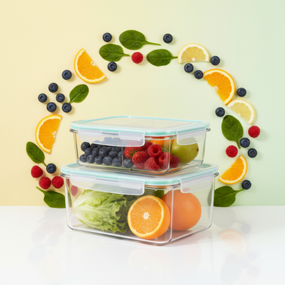Stacked divided glass food storage containers surrounded by colorful fresh ingredients