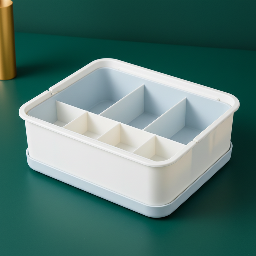 Close-up of the rounded white organizer, pale blue base and seven compartment dividers