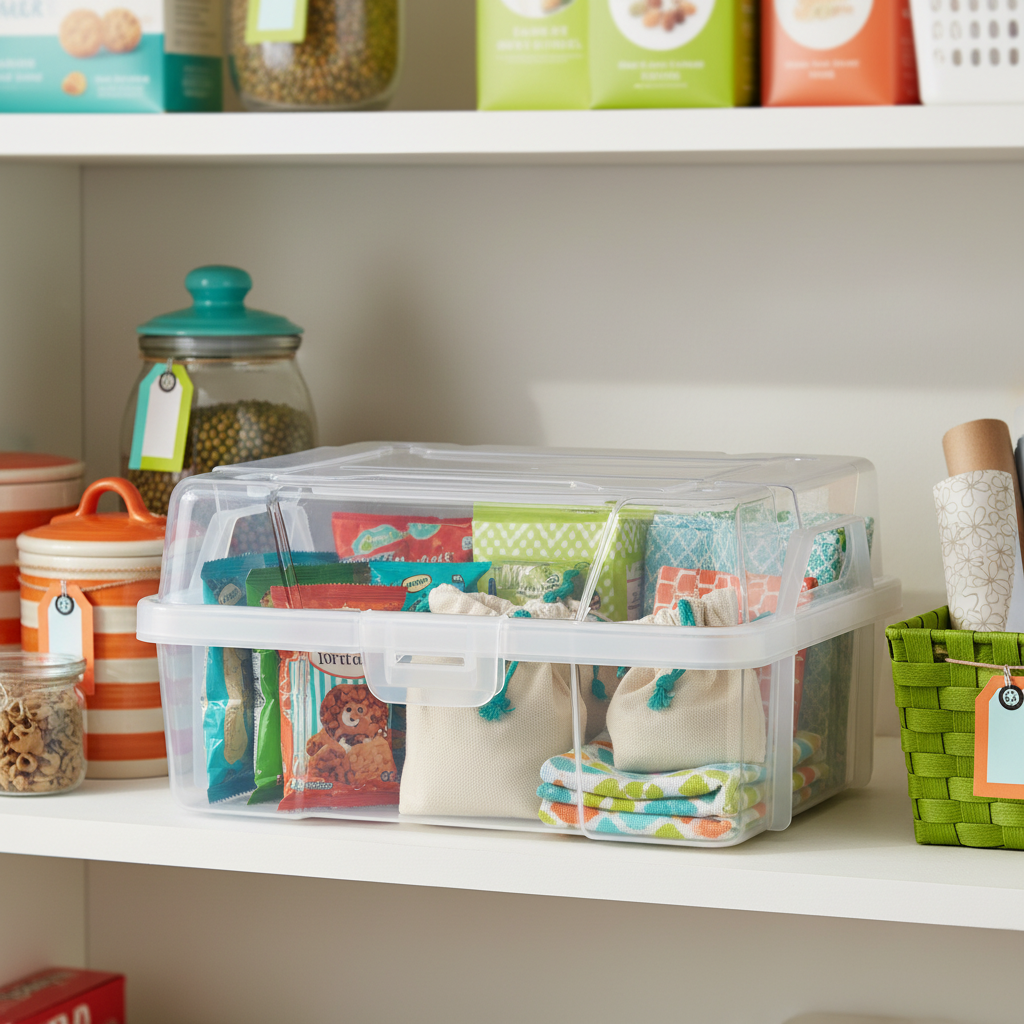 Clear lidded storage box holding sealed pantry supplies and kitchen linens