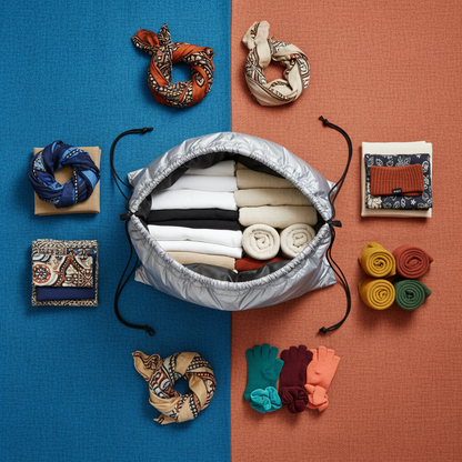 Open silver-gray storage bag with folded clothing and colorful soft accessories in an overhead scene