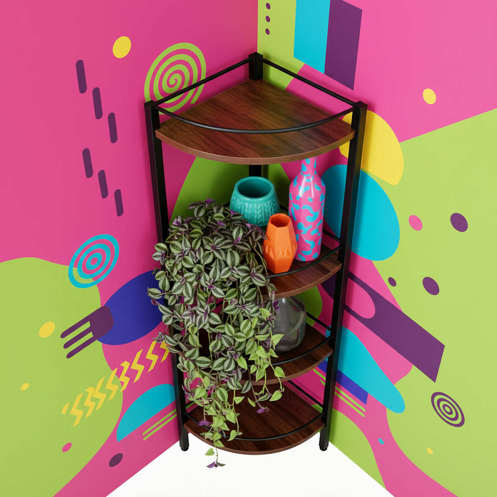 Top shelf styled with a trailing plant and bright ceramics
