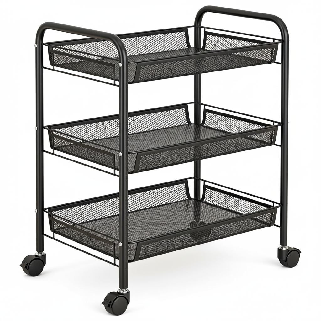 Empty three-tier black mesh rolling cart on a white background
