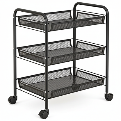 Empty three-tier black mesh rolling cart on a white background
